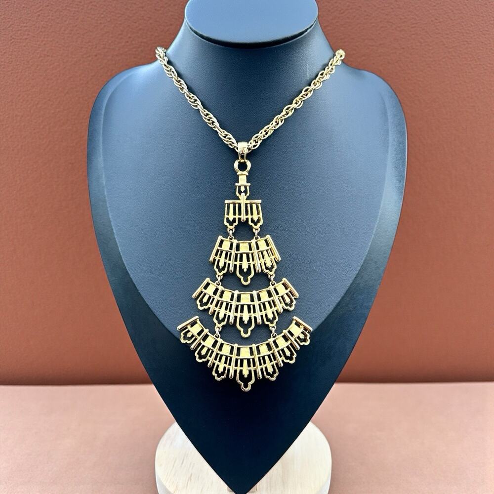 Brutalist Statement Necklace Vintage Gold Tone Deco Architectural Chandelier
